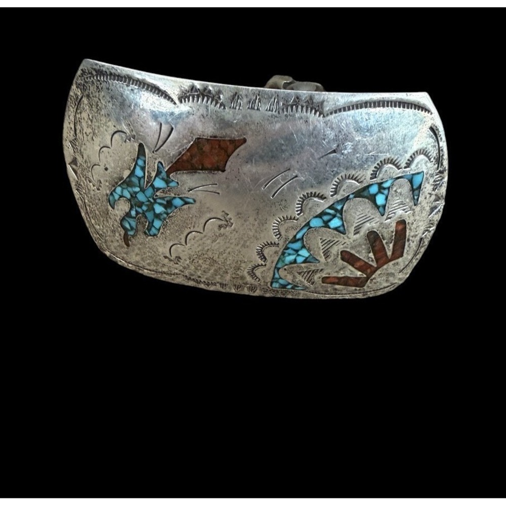 VINTAGE NAVAJO TURQUOISE CORAL INLAY PEYOTE BIRD STERLING BUCKLE